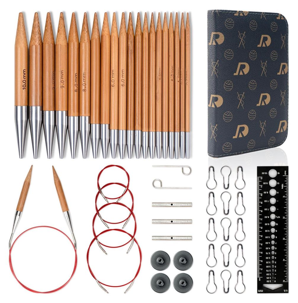 Set mit austauschbaren Rundstricknadeln, inklusive Tasche und Zubehör, 10 Paar Rundstricknadeln (10 cm) in den Größen 3,5 mm bis 10 mm (Bambus)