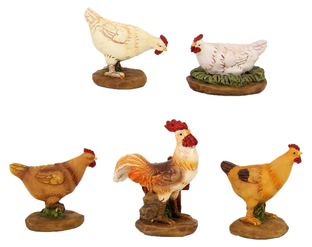 5 Hähne mit Hühnern / Höhe: 4 cm / handbemalt / detailgetreue Krippenfiguren - Tischdekoration für Weihnachten
