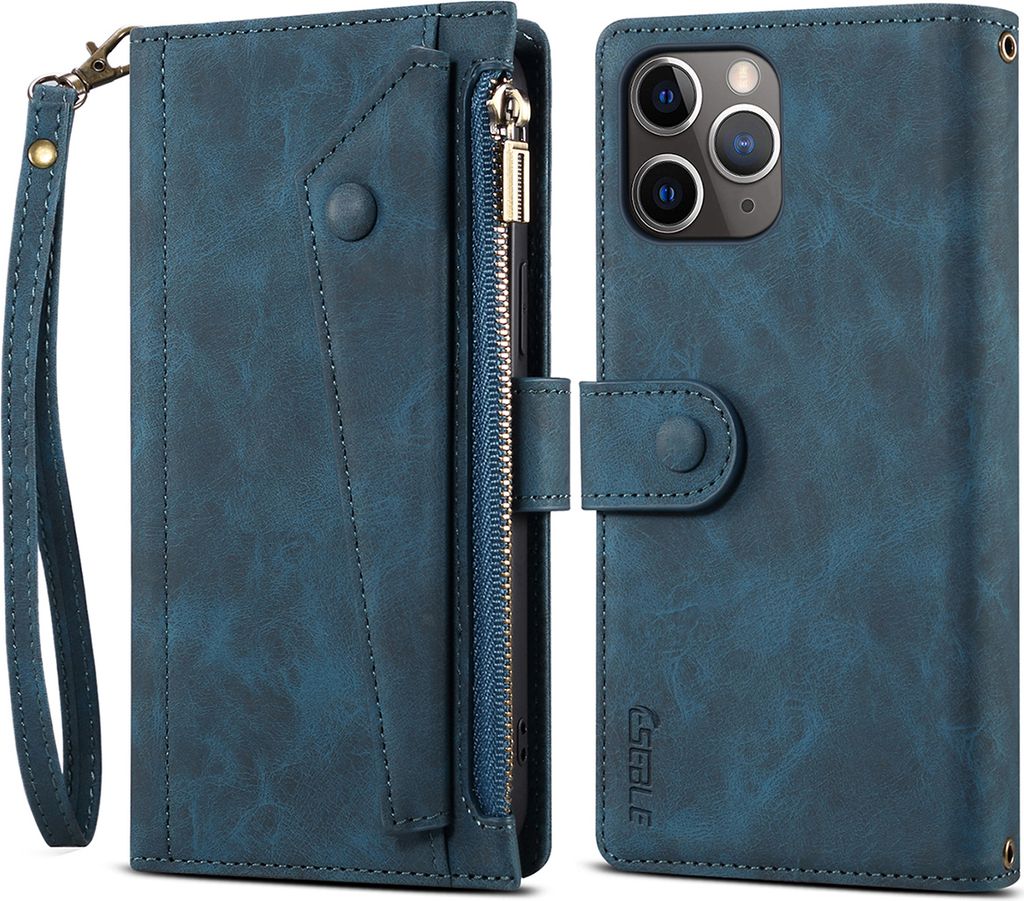 Schutzhülle für iPhone 11 Pro Max Reißverschluss Hülle, Leder Klapphülle Kartenfach Standfunktion Brieftasche mit Trageband Blau