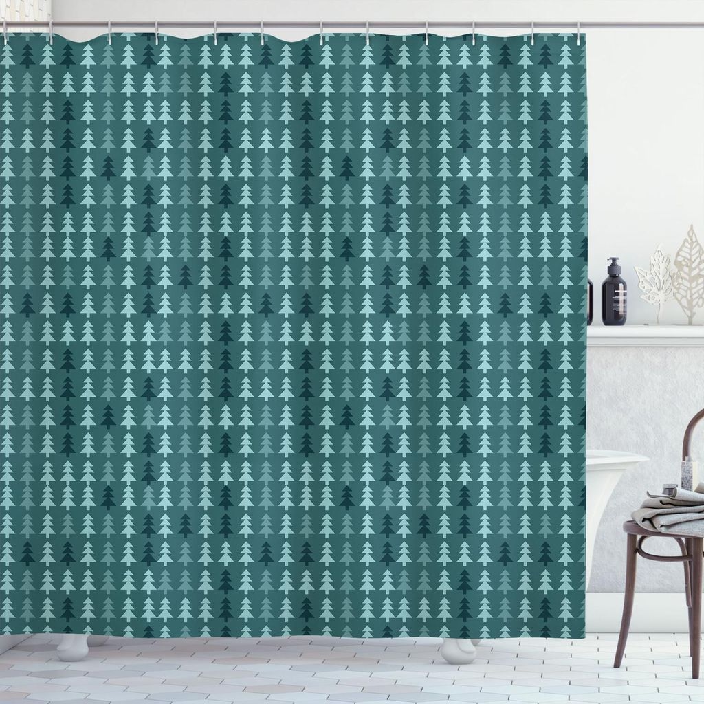 ABAKUHAUS Teal Duschvorhang, Abstrakte Kiefern-Tannenbaum-Schattenbilder dreieckiges Weihnachtswinterzeit-Saisonwaldmuster, 175 x 220 cm, Teal