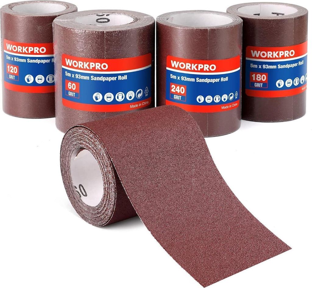 Several rolls of sandpaper are shown, with one roll partially unrolled in the foreground.
