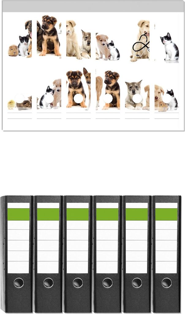 Wallario 6 Stück breite Ordner inkl. Klebeetiketten mit Motive Süße Haustiere - Katzen Hunde Hamster Küken - Set mit Rückenschildern / Ord...