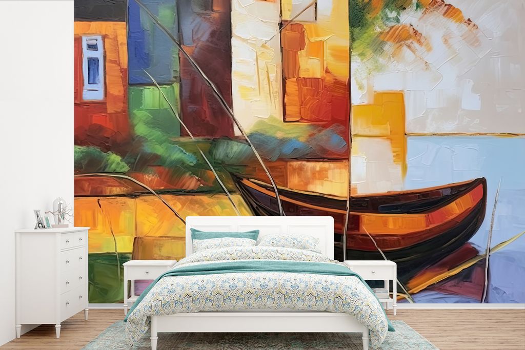 MuchoWow Fototapete für Wohnzimmer oder Schlafzimmer Wandtapete Vinyl Motivtapete Abstrakt - Kunst - Boot - Farben - 450x300 cm - Gemusterte