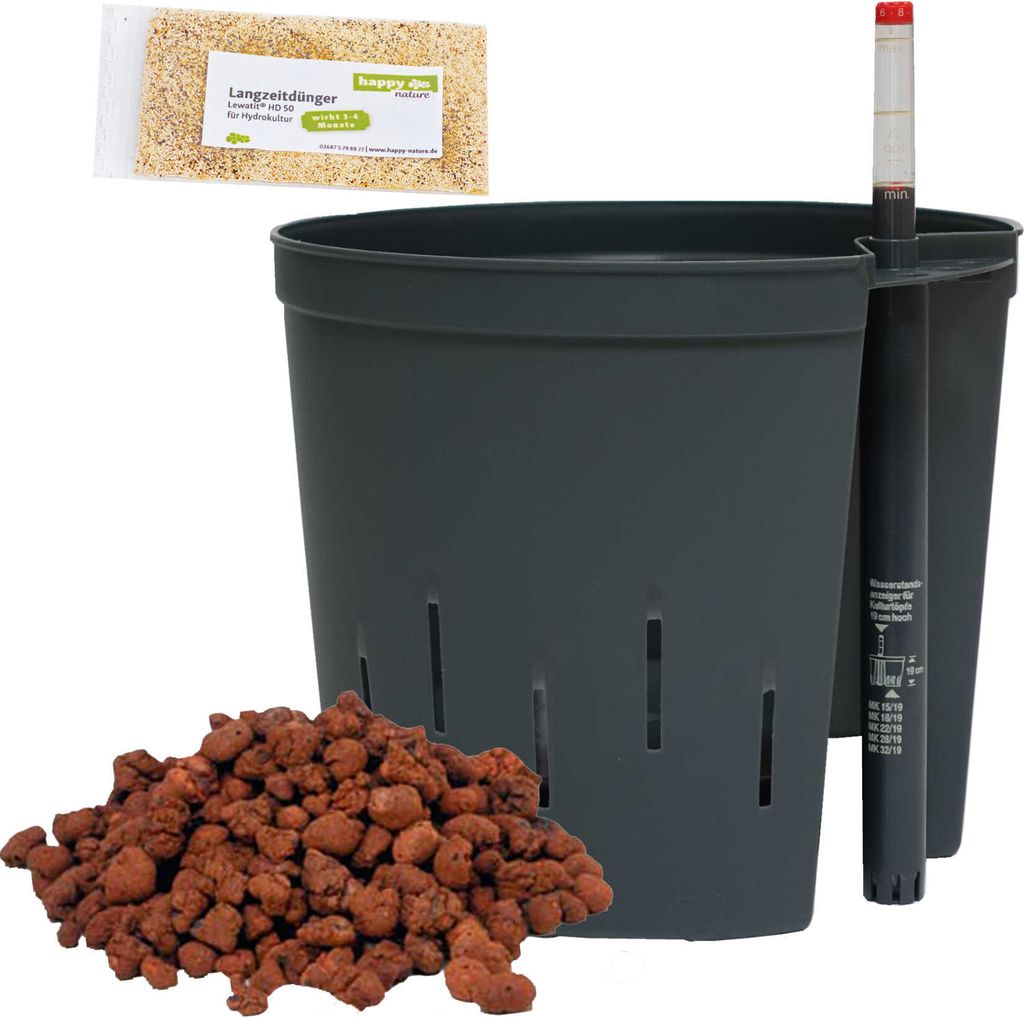 Set 4 teilig für Hydrokultur Kulturtopf 22/19 Ø 22 cm H 19 cm Wasserstandsanzeiger Blähton Dünger HD50