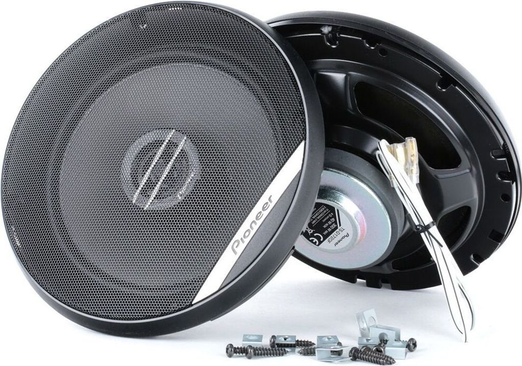Two car speakers are shown against a white background. One speaker is facing forward, and the other is angled to show its back.