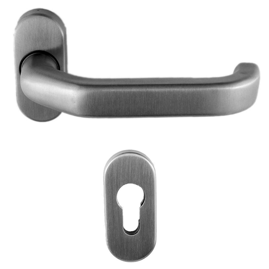 A brushed metal door handle and a keyhole escutcheon are shown against a white background.