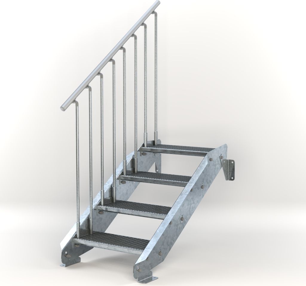 Stahltreppe 4 Stufen bis Höhe 84 cm, Laufbreite : 60 cm Geländer links ST 1 (31 / 31 mm)