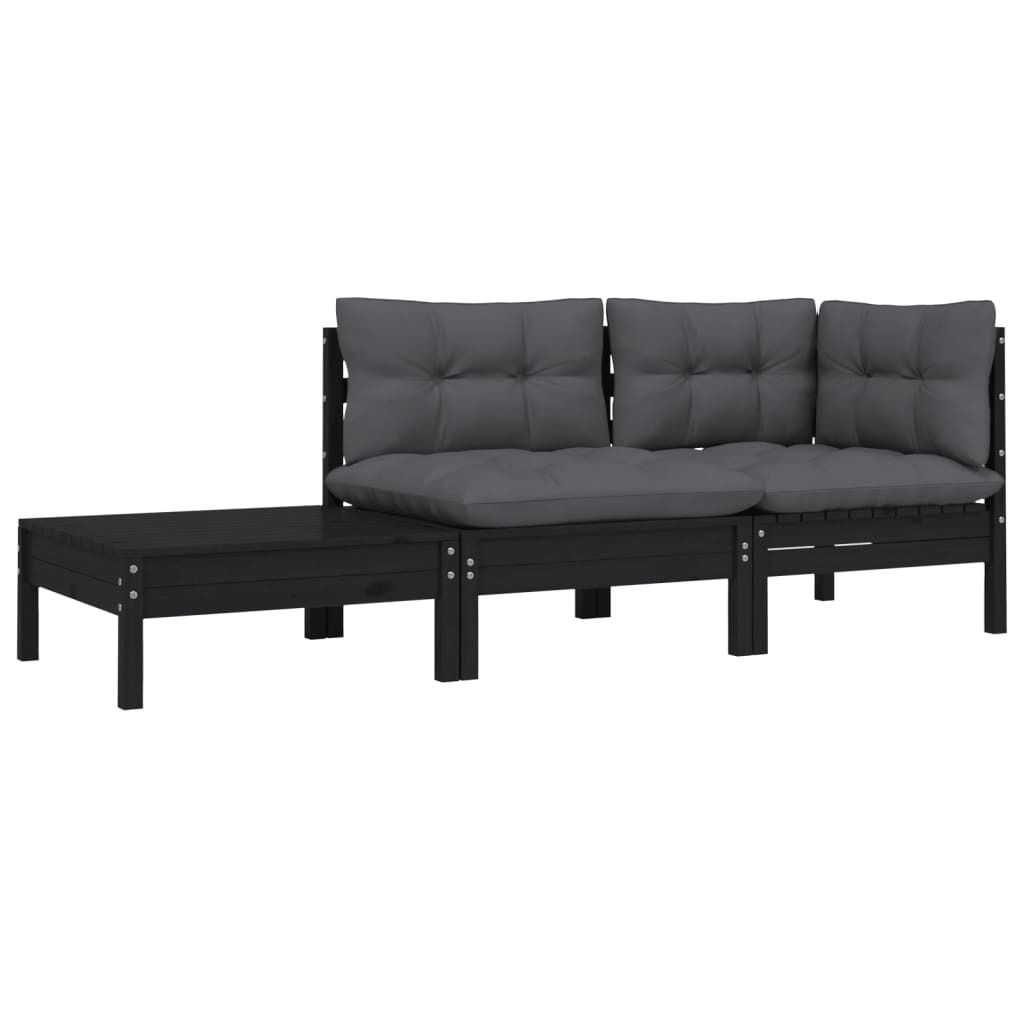 Maison Exclusive - 3-tlg. Garten-Lounge-Set mit Kissen Schwarz Kiefer Massivholz
