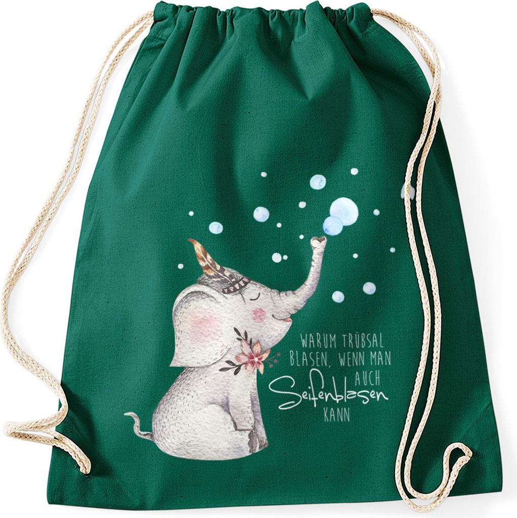 Turnbeutel Elefant Spruch Warum Trübsal blasen wenn man auch seifenblasen kann Moonworks dunkelgrün unisize