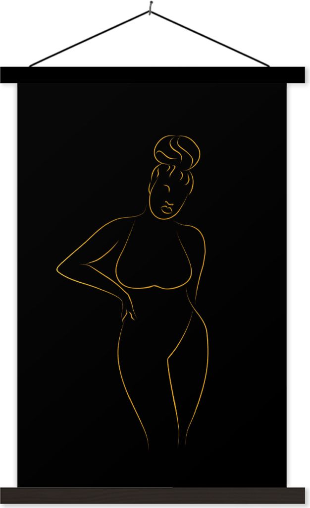 MuchoWow Textilposter Frau - Schwarz - Gold - Strichzeichnung 60x90 cm mit schwarzem Rahmen - Poster Wohnzimmer