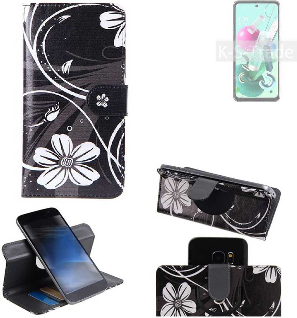 K-S-Trade Schutzhülle Handyhülle kompatibel mit LG Electronics Q92 Hülle 360° Wallet Case ''Flowers'' Klapphülle Hülle schwarz-weiß 1x