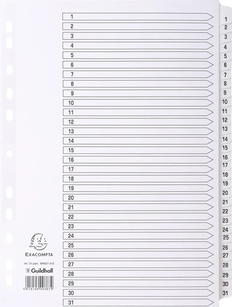 Exacompta MWD1-31Z Intercalaires 1-31 en Carte Lyon DIN A4 Blanc