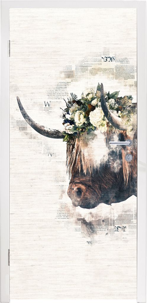 MuchoWow Türtapete Selbstklebende Türfolie Schottischer Highlander - Rauch - Blumen 80x205 cm Türposter Türaufkleber Klebefolie Türklebefoli...