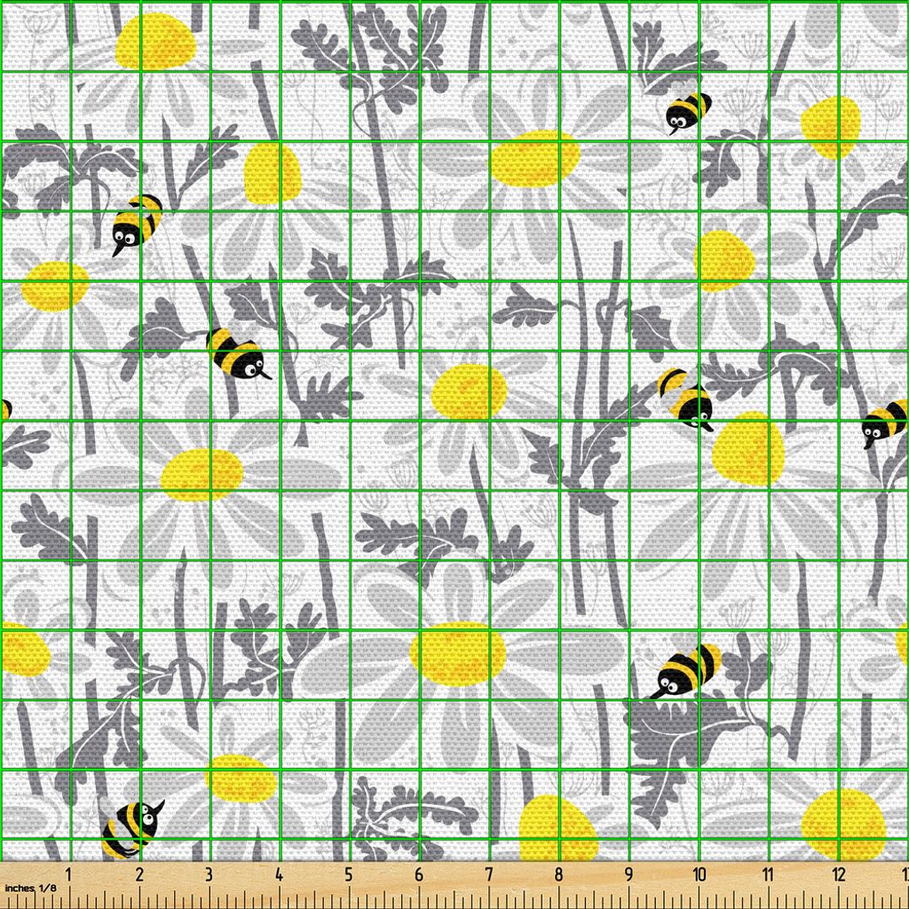 ABAKUHAUS Grau Gewebe als Meterware, Daisy Flowers mit Bienen im Frühling Zeit Honig Blütenblätter Floret Natur Reinheit Blooming, 10 M (148 x 1...