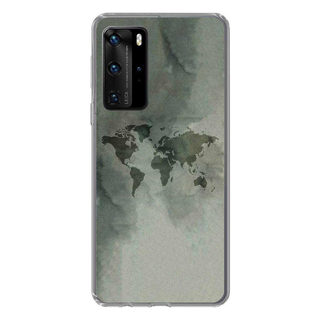 MuchoWow Handyhülle Schutzhülle Hülle für Huawei P40 Pro Weltkarte - Grün - Grau Silikon Softcase Handy Hülle - Schutz