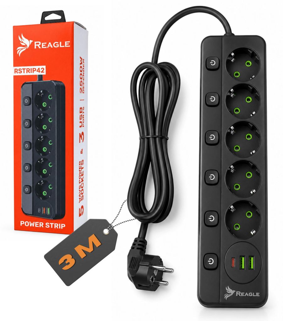 Reagle Ciabatta elettrica 3m 5 prese & 3 USB (1x USB-C), Immagine del prodotto 