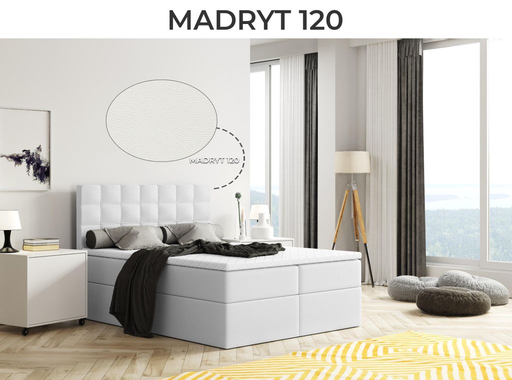 Bett, Boxspringbett MERA mit Bettkästen und T25 Topper, Doppelbett, Stauraum, Schlafzimmer, Polsterbett, Bettgestell (200x200, Weiss - Madryt 120)