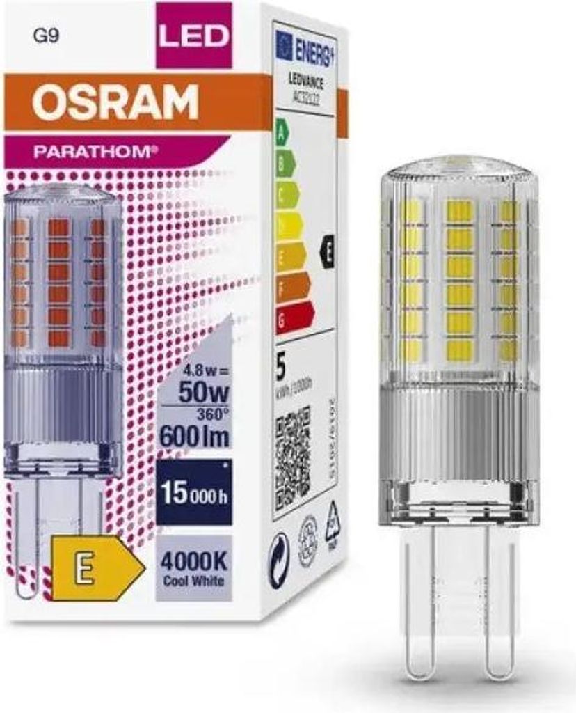 A product box for an OSRAM LED bulb, shown next to the bulb itself.