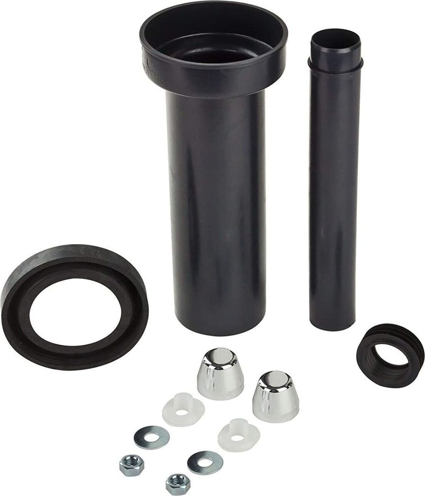A collection of plumbing parts for a toilet installation, laid out on a white background.