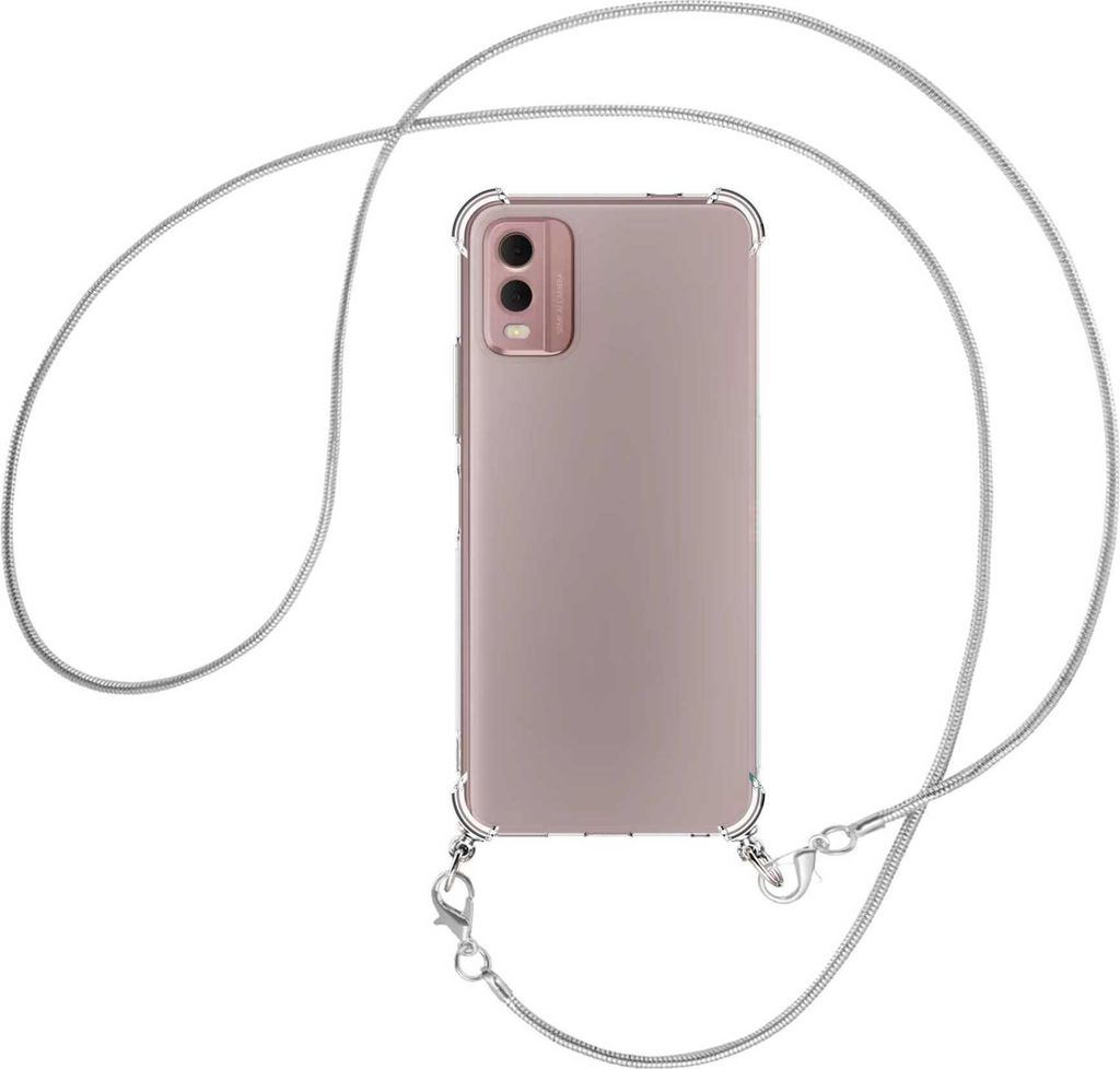 Handykette Backcover-Schutzhülle mit Band (Metall silberfarben) für Nokia C32 4G (6.5'') - silberfarbene Snake-Kette