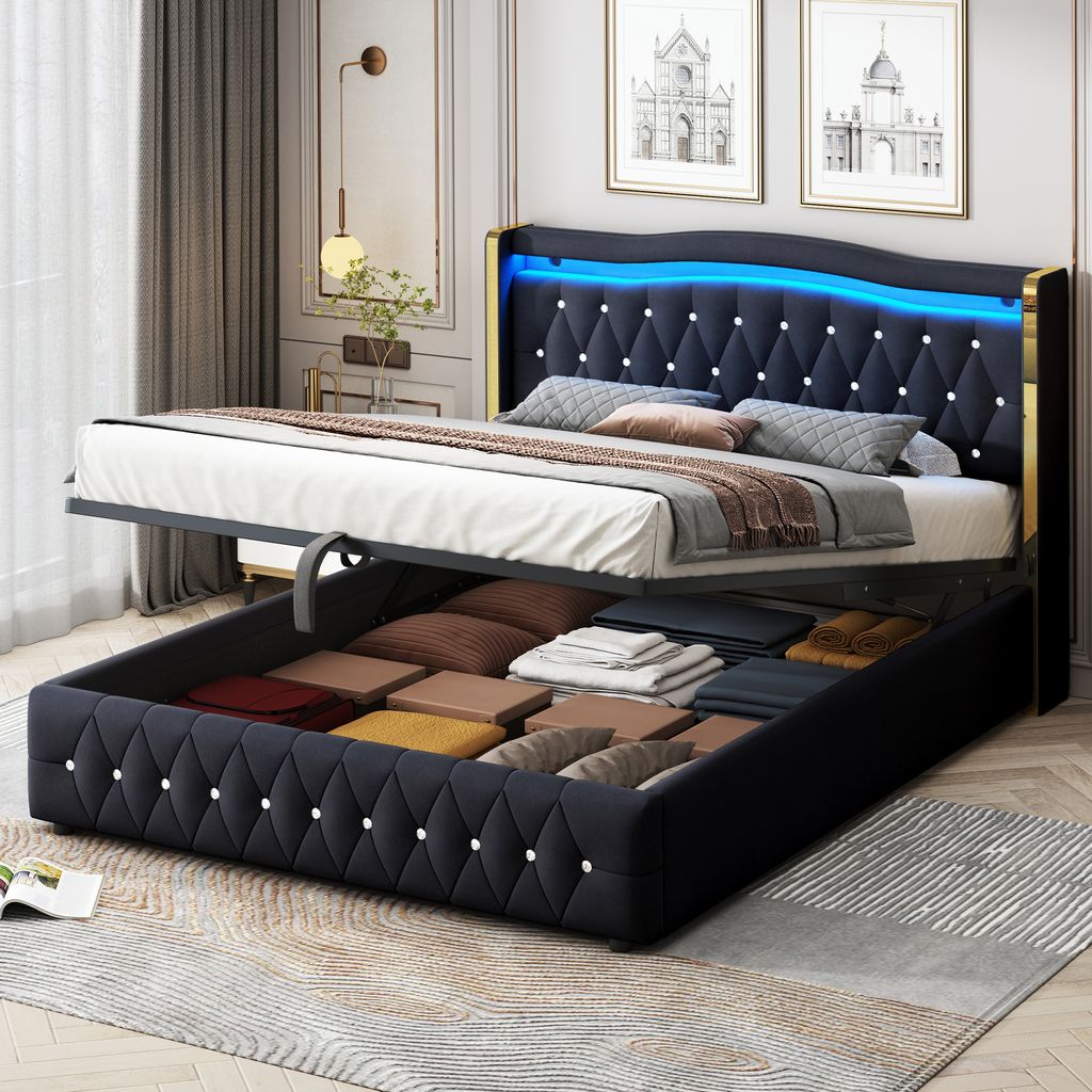 Flieks Hydraulisches Polsterbett 160x200cm mit Stauraum, Doppelbett Jugendbett mit LED, Holzbett Boxspringbett mit Lattenrost, Bett Samt, Schwarz