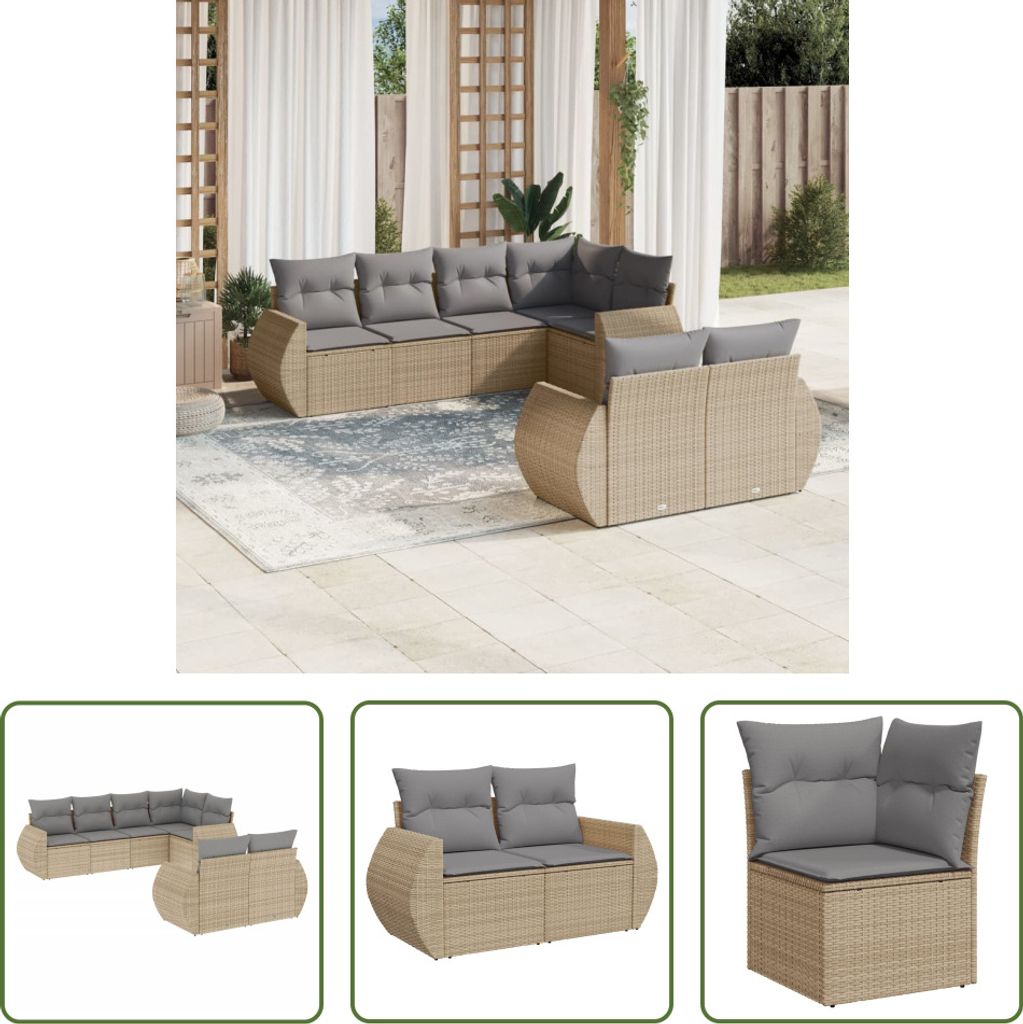 The Living Store 7-tlg. Garten-Sofagarnitur mit Kissen Beige Poly Rattan