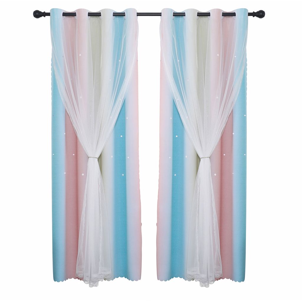 Gardinen Mit Ösen 2er Set Vorhänge Schlafzimmer Kinderzimmer Mädchen Verdunkelung Blickdicht Vorhang mit Hohlen Stern & Voile, 1.3*2.15M, Rosa+Blau
