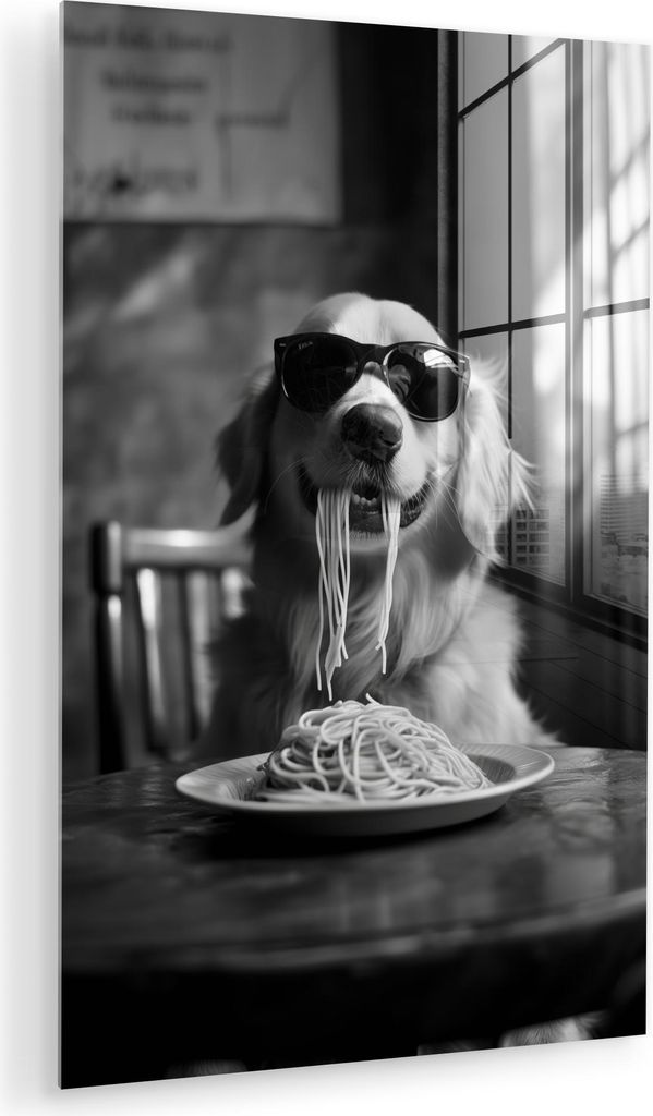 MuchoWow Glasbilder - Bilder auf Wandbild - Foto auf Glas Golden Retriever - Hund - Fröhlich - Teller Spaghetti - Schwarz - Weiß 60x90 cm Wanddek...