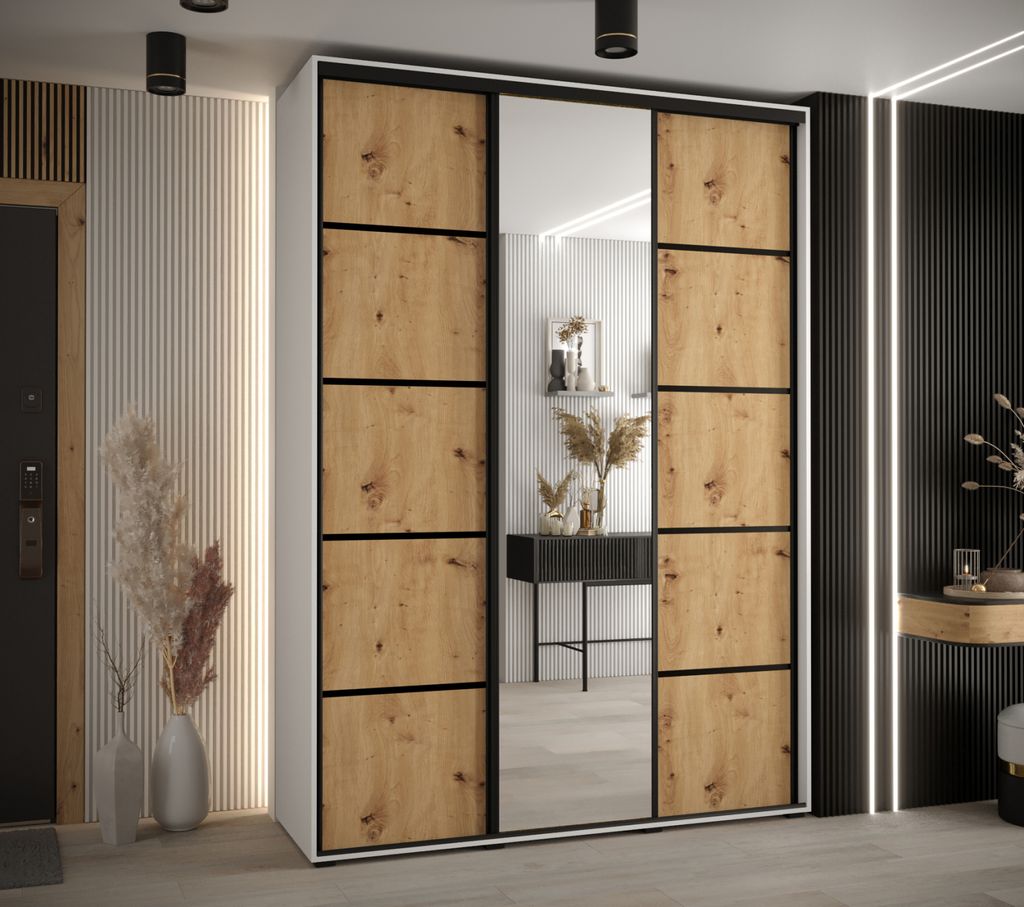 Kleiderschrank YVONA 5 – 170/45 cm, weiß/Eiche handwerklich/schwarz