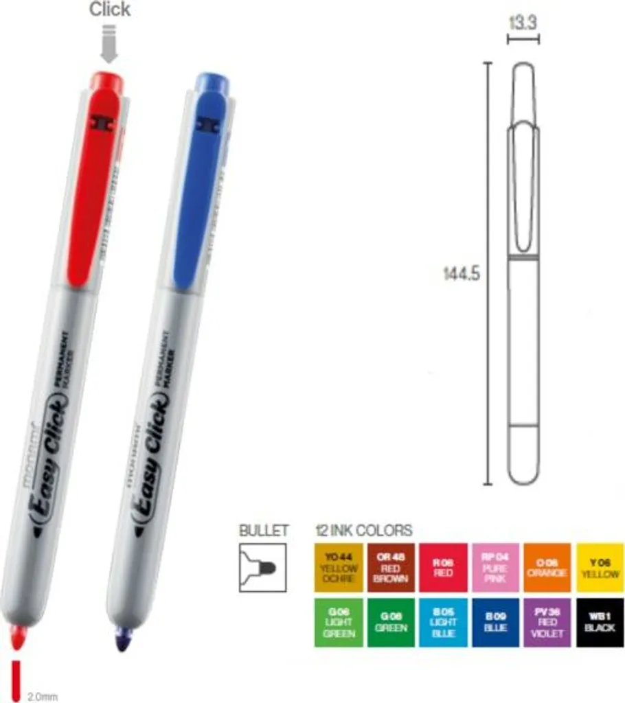 Monami Easy Click Jeu de 12 Marqueurs Permanents Noirs avec Pointe 2mm - 2