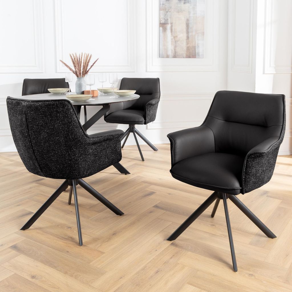 riess-ambiente Drehbarer Stuhl LE GRAND schwarz Echtleder Strukturstoff Metallgestell mit Armlehne Esszimmerstuhl Essstuhl Polsterstuhl