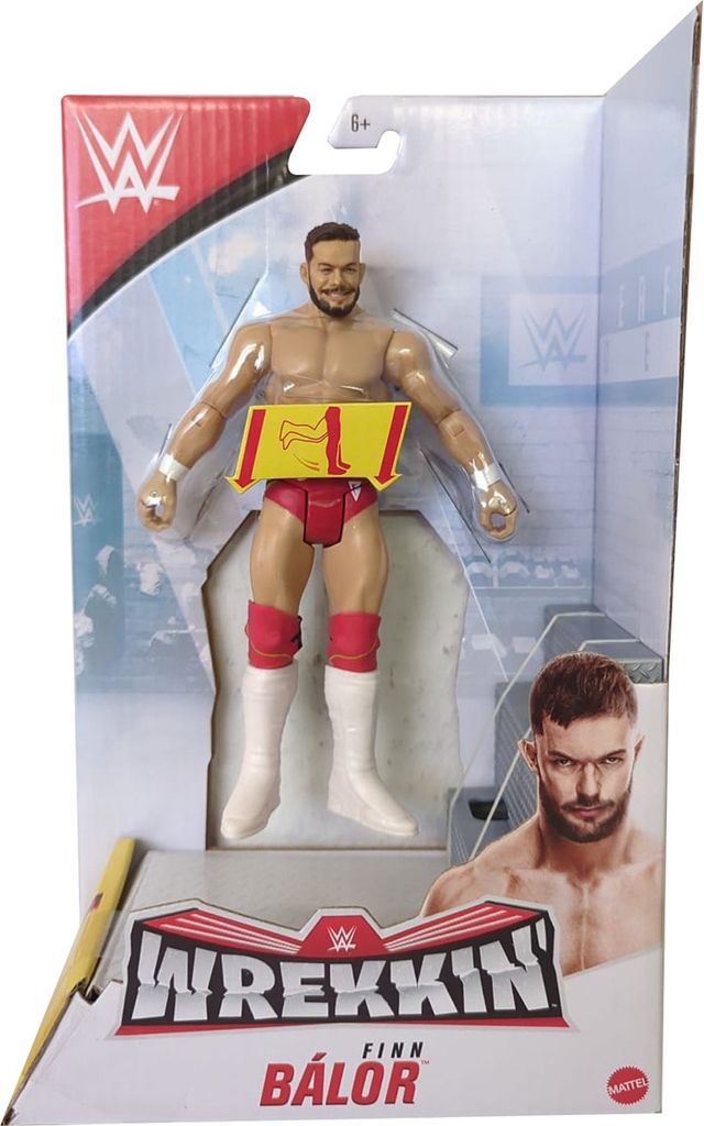 A WWE Wrekkin Finn Balor action figure in its retail packaging.
