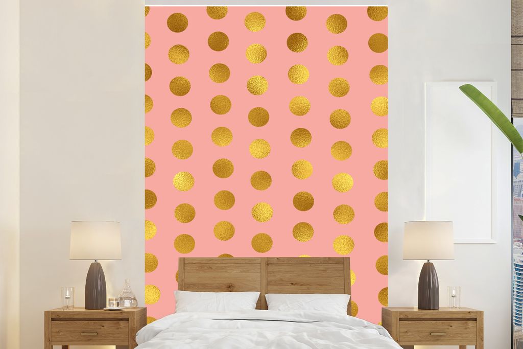 MuchoWow Fototapete für Wohnzimmer oder Schlafzimmer Wandtapete Vinyl Motivtapete Muster - Rosa - Gold - Polka dots - 225x350 cm - Schlafzimmer ...