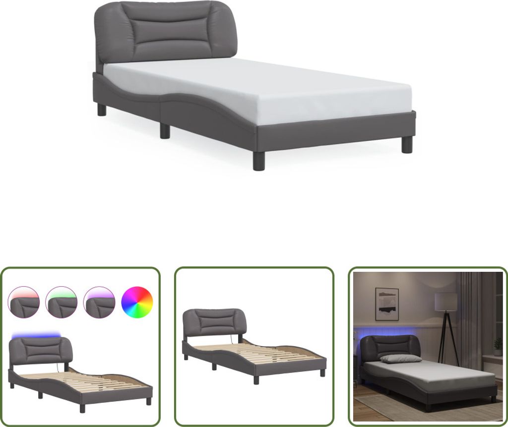 The Living Store Bettgestell mit LED Grau 100x200 cm Kunstleder