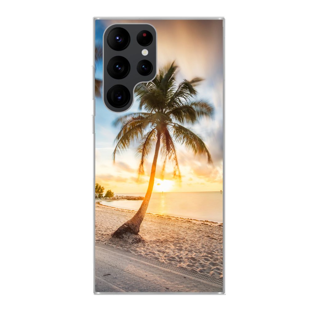 MuchoWow Handyhülle Schutzhülle Hülle für Samsung Galaxy S22 Ultra Sonnenuntergang - Strand - Palme Silikon Softcase Handy Hülle - Abbildung
