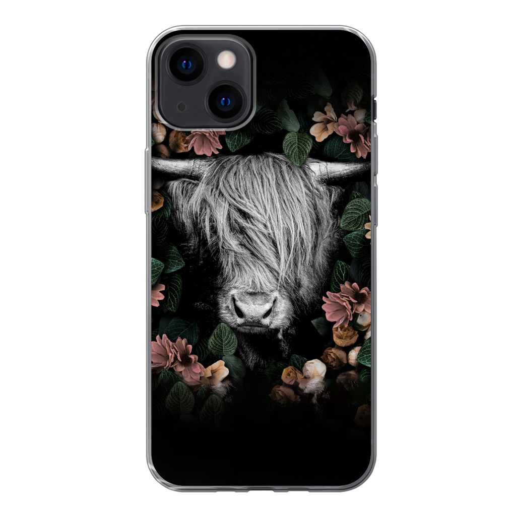 MuchoWow Handyhülle Schutzhülle Hülle für iPhone 13 Schottischer Highlander - Blumen - Rosa Silikon Softcase Handy Hülle - Karteninhaber