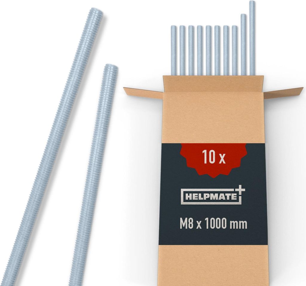 HELPMATE – Gewindestange M8 x 1000 mm aus verzinktem Stahl – 10 Stück Gewindestab mit metrischem Vollgewinde – Gewindestift mit Festigkeitsk...