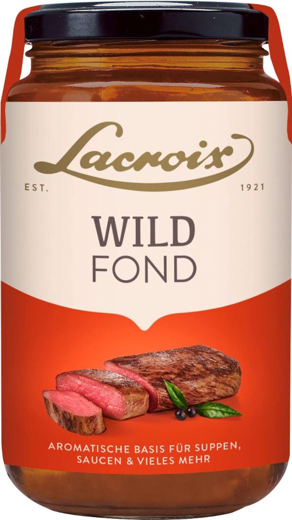 A jar of Lacroix Wild Fond with an image of sliced steak and garnishes.