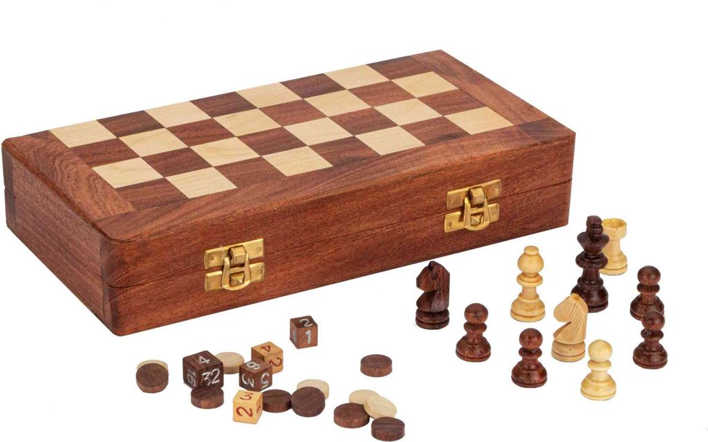 Schach- und Backgammon Spielebox aus Holz, 25,5x25,5x2,2cm – Maritime Schachset