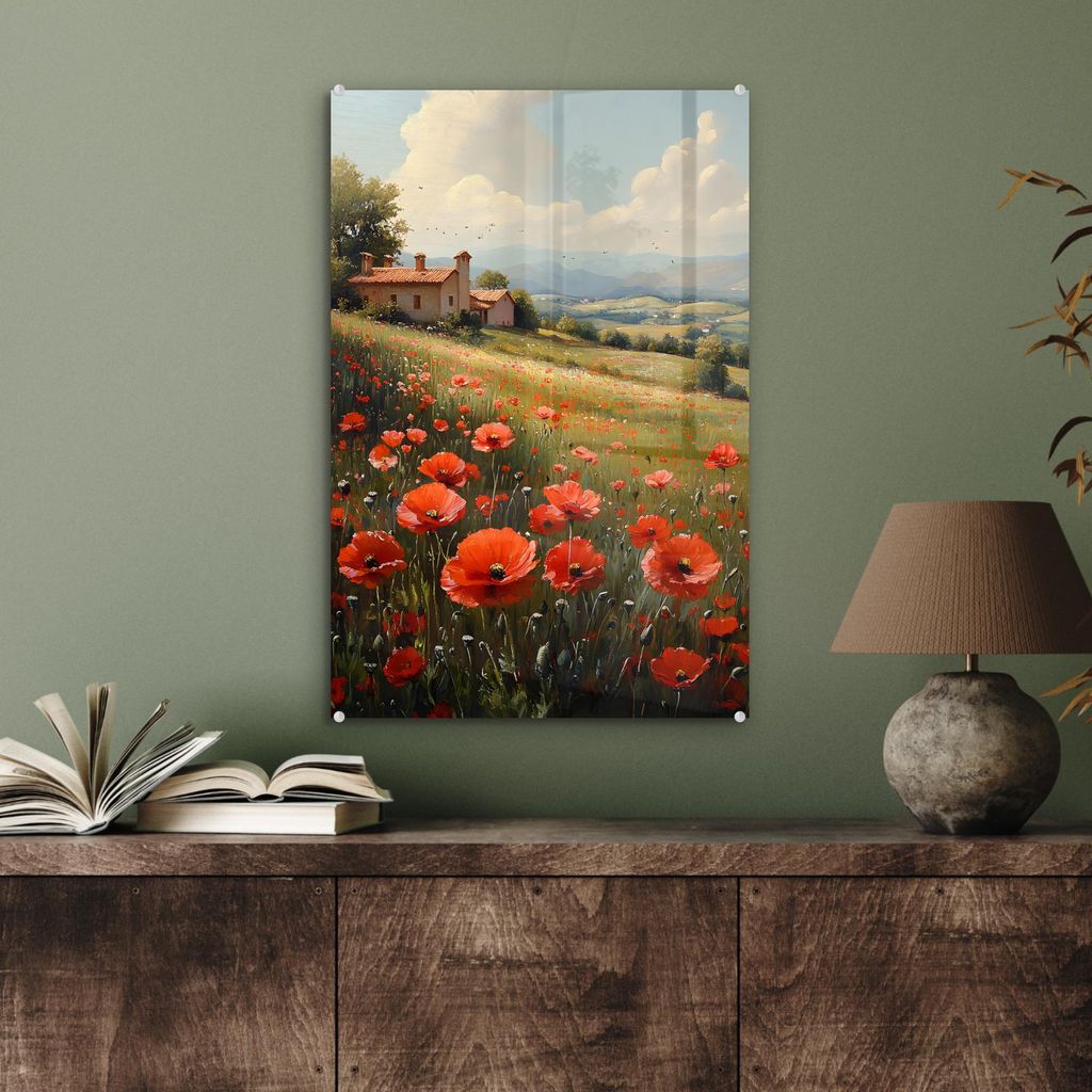 MuchoWow Glasbilder - Bilder auf Wandbild - Foto auf Glas Mohnblumen - Rot - Hügel - Landschaft 40x60 cm Wanddekoration aus Glas - Acrylglasbild -...