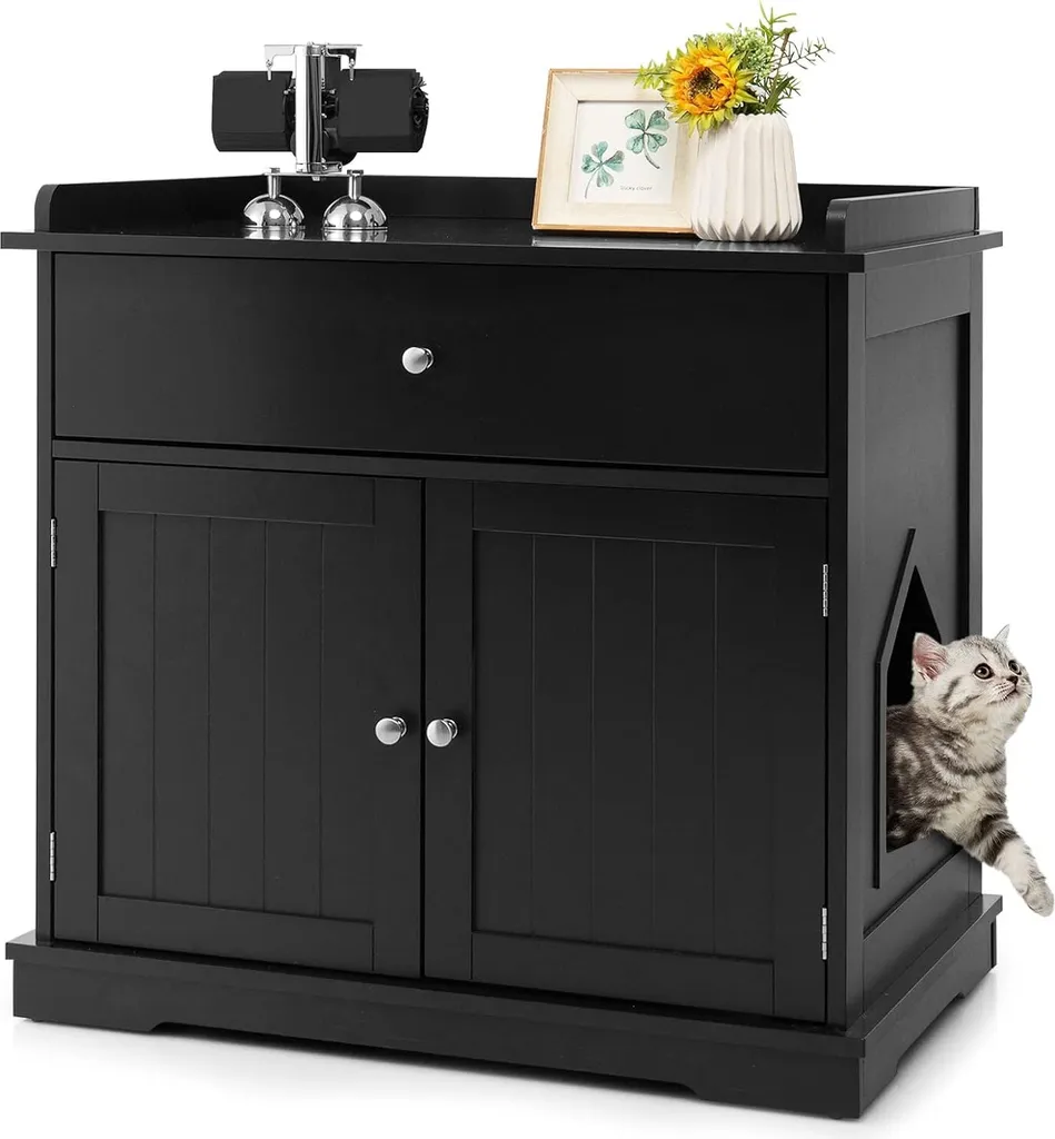 Table d'appoint cache-litière pour chat noir avec rangement gain de place