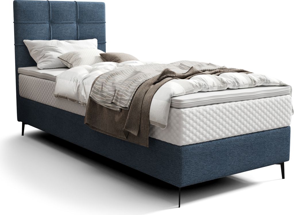 Roe Furniture | Polsterbett - INAO - 90x200 cm - Dunkelblau - Mit Bonell-Matratze - Linke - Boxspringbett - Bett mit Bettkasten - Tagesbett