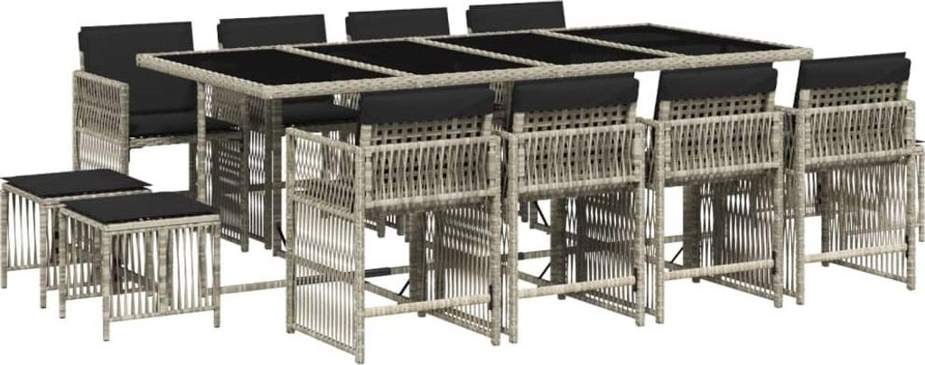 13-tlg. Garten-Essgruppe mit Kissen Hellgrau Poly Rattan