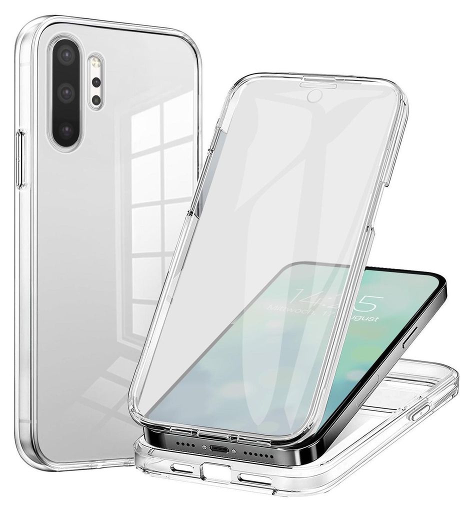 A clear phone case is shown with a phone inside, demonstrating how it fits.