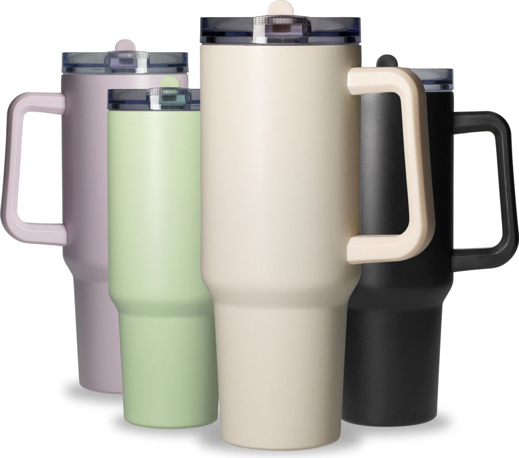 Trinkbecher aus Edelstahl 1,2 L 'Tampa' - Trinkbecher mit Deckel und Strohhalm für warme und kalte Getränke - beige