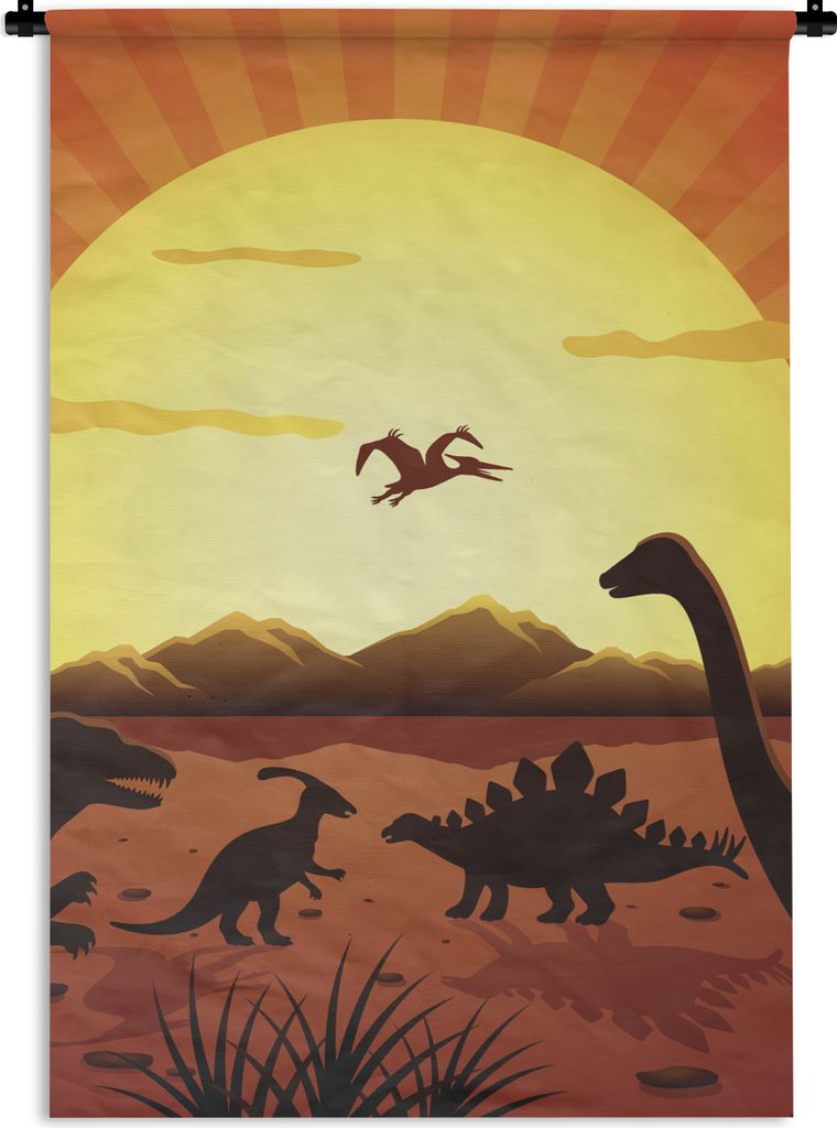 MuchoWow Wandteppich Wandbehang Dino - Sonne - Natur - Zeichnung - Kinder - Jungen 90x135 cm Tapisserie Dekoration Wandtuch - Baumwolle - Wandsku...