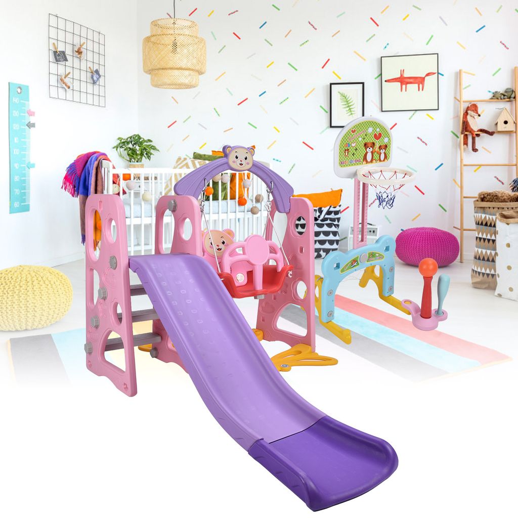 5-in-1 Kinderrutsche mit Schaukel und Basketballkorb, Gartenrutsche für drinnen und draußen, Spaß für Kleinkinder (Rosa)