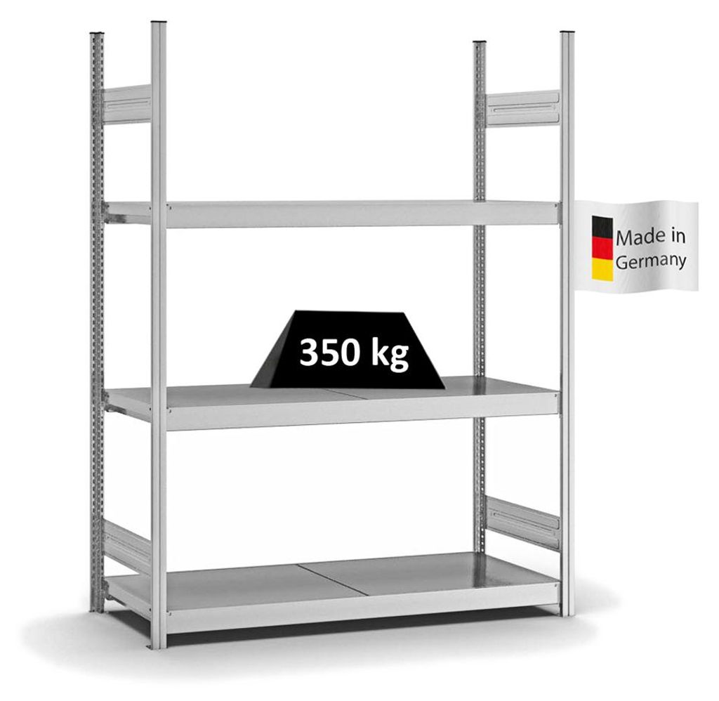 PROREGAL Weitspannregal Stecksystem MAGNUS Germany | HxBxT 200x150x50cm | 3 Ebenen | Stahlplatten-Fachboden | Fachlast 350kg | Verzinkt