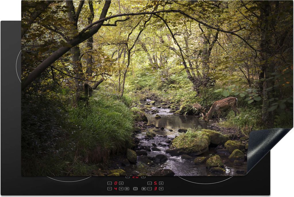 KitchenYeah Herdabdeckplatte Hirsch - Baum - Wald , 81x52cm, Küche Deko, Glaskeramikfeld Herdabdeckung, Abdeckplatte fùr Kochfeld