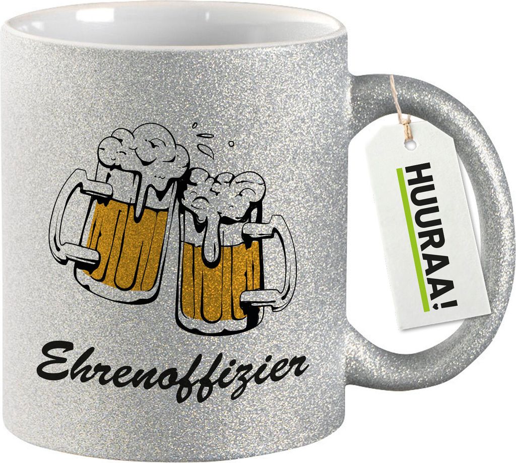 Huuraa Glitzertasse Ehrenoffizier Schützenfest 330ml Silber Keramik Kaffeebecher Geschenkidee
